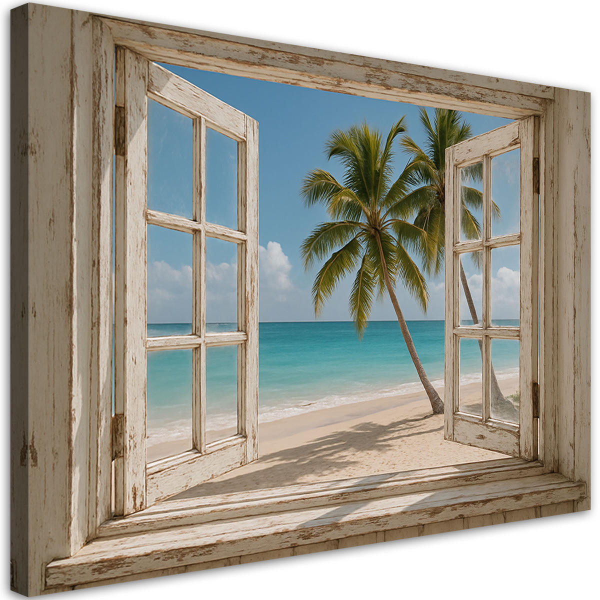 LEINWANDBILD Fensterblick auf Shabby Chic Palmen am Strand 90x60cm - Blau, Textil (90/60cm) - Feeby