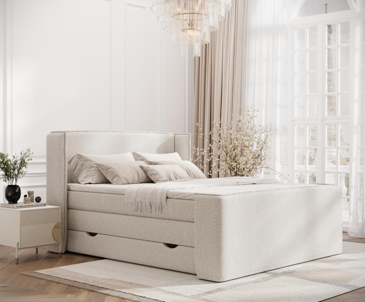 BOXSPRINGBETT Freeland Hellbeige 140/200 cm mit Matratze und Topper - Beige/Schwarz, Holz/Holzwerkstoff (140/200cm) - Maison de Reve