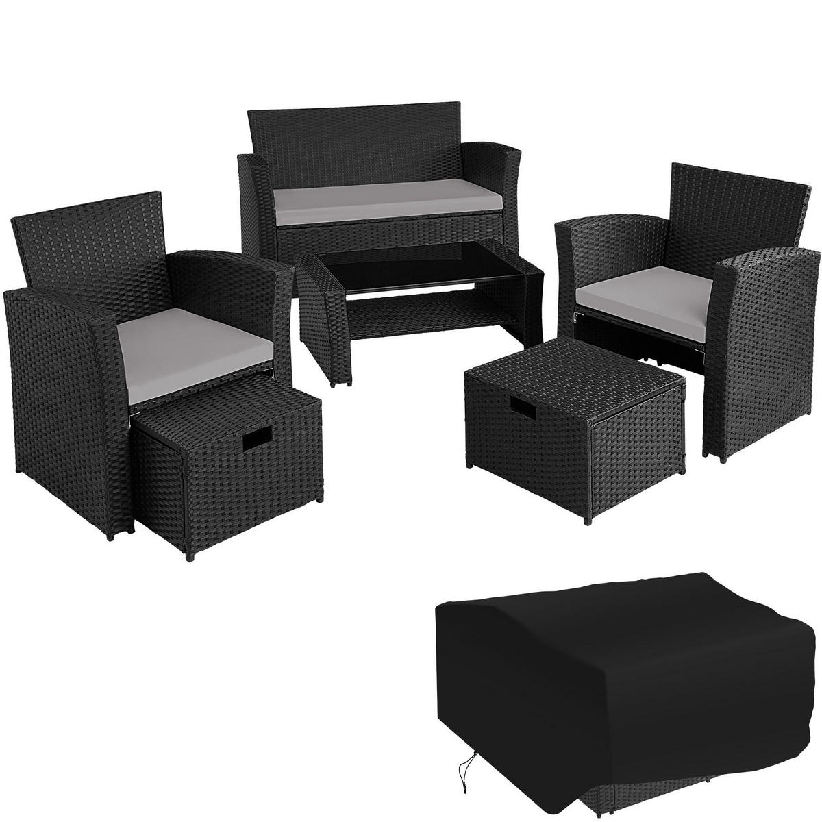 RATTAN SITZGRUPPE Modena,inklusive Staufach und Schutzhülle,schwarz/grau - Schwarz/Grau, Kunststoff - tectake