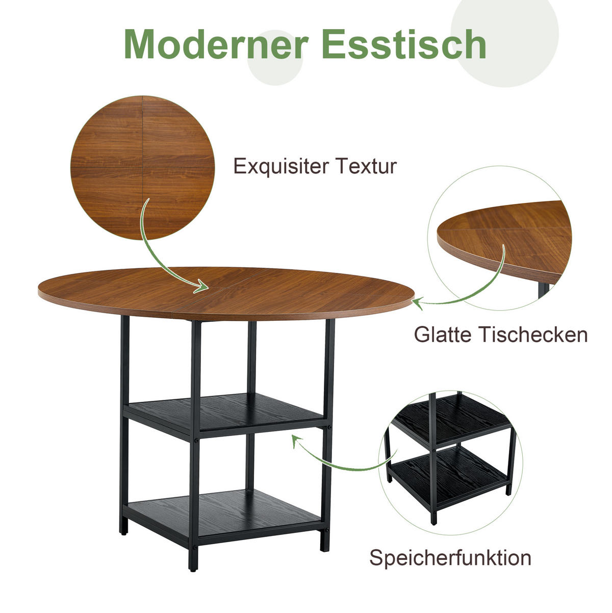ESSTISCH aus MDF und Metall 107x107x75 cm Schwarz/Walnussfarben mit 2 offenen Ablagen im Industrial-Stil - Schwarz, Holzwerkstoff (107/107/75cm) - Modfu