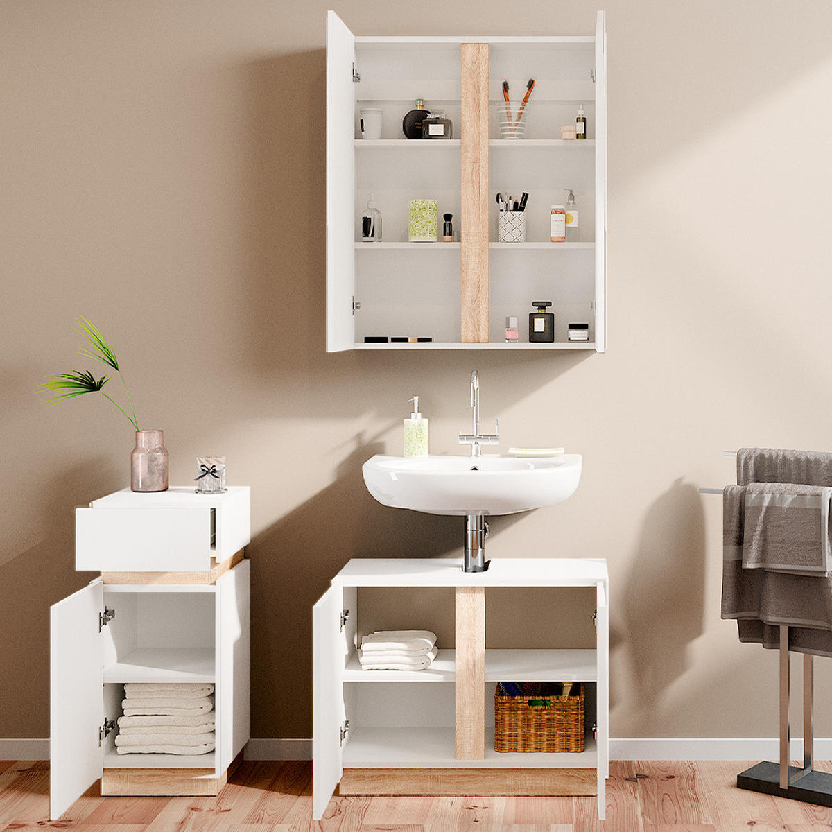 BADMÖBEL-SET Gloria Weiß 3 Teile, mit Midischrank - Weiß/Sonoma Eiche, Holzwerkstoff (70/55/34cm) - Vicco