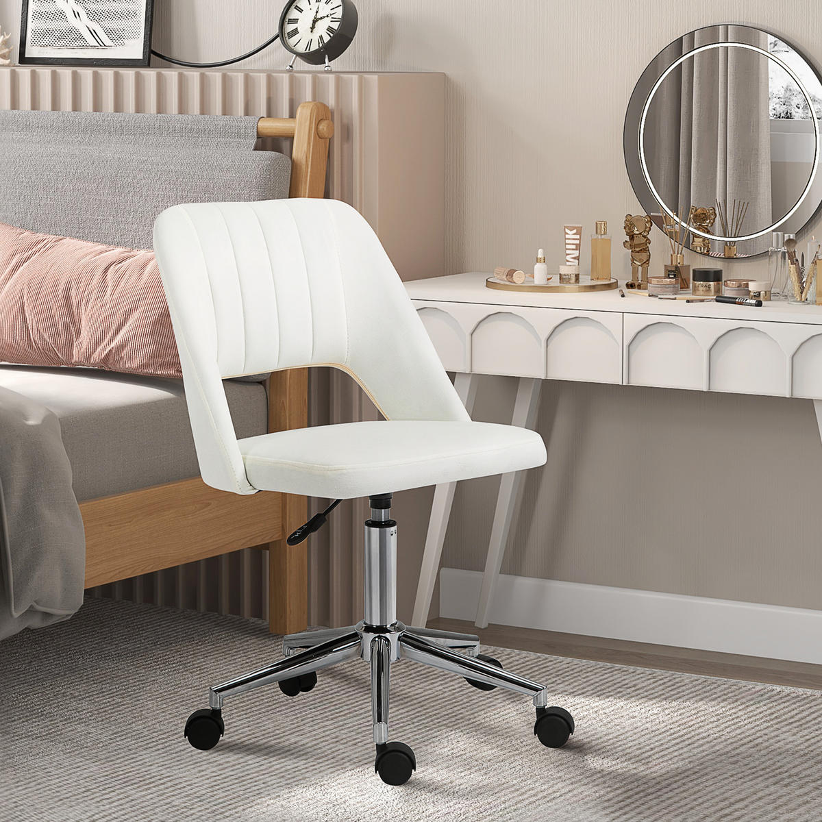 HÖHENVERSTELLBARER Schreibtischstuhl mit Rollen, 360° drehbar, Jakobsmuschel-Form, Schaumstoff, 49 x 60 x 79-91 cm, Cremeweiß - Creme, Textil (60/91/49cm)