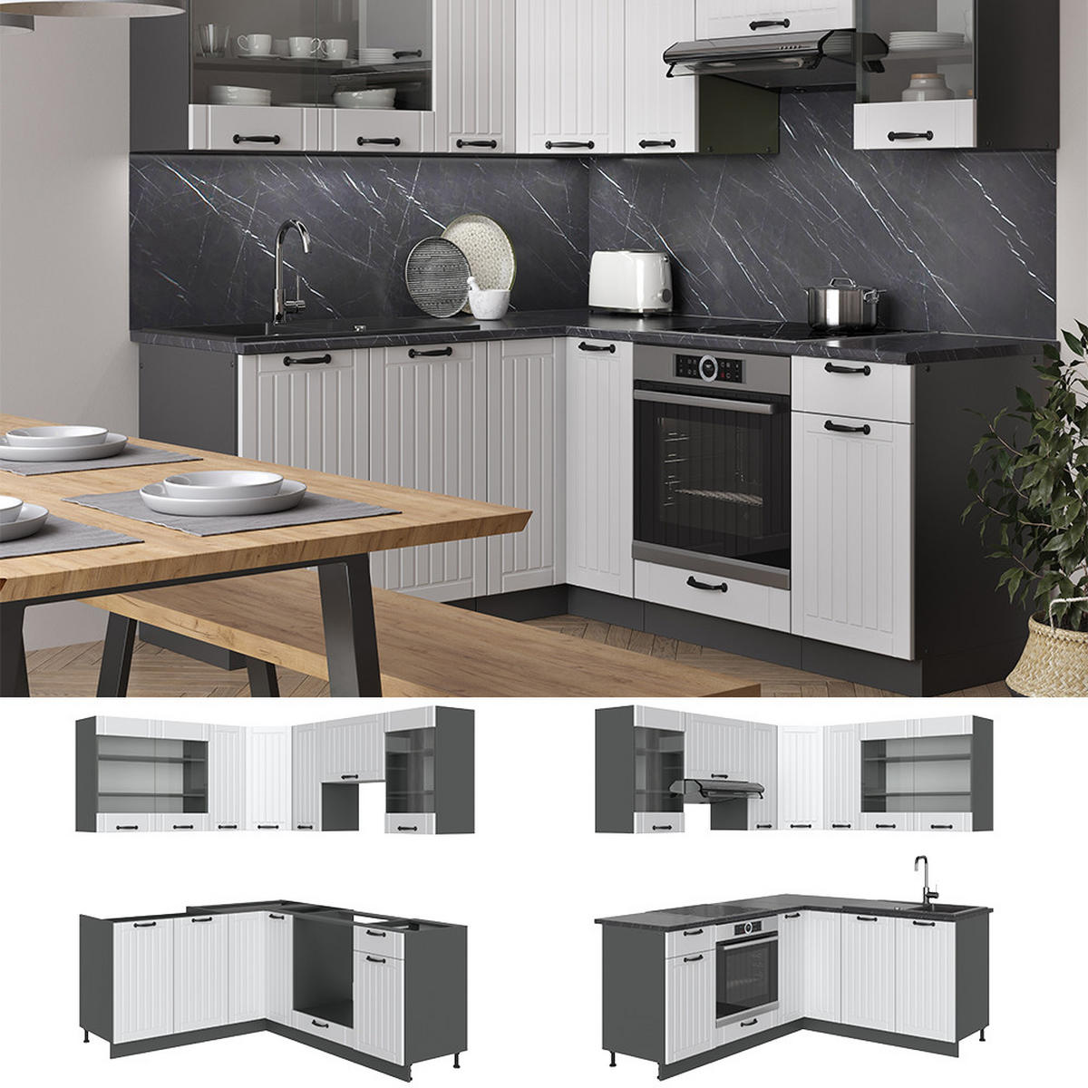 ECKKÜCHE Fame-Line Weiß Landhaus/Anthrazit 160 x 60 cm ohne AP - Anthrazit/Creme, Holzwerkstoff (190/81.6/46cm) - Vicco