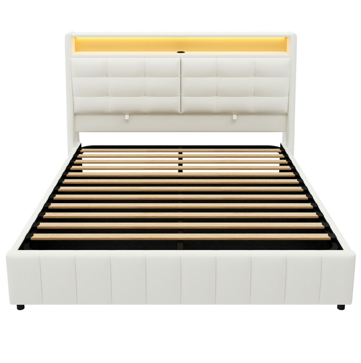 POLSTERBETT 160/200 cm mit LED-Beleuchtung, USB und gepolstertem Kopfteil - Weiß, Textil (160/200cm) - BEAOK