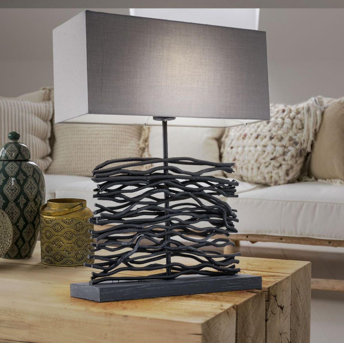 TISCHLEUCHTE Holz Grau Textil - Grau, Holz (40/15/50cm)