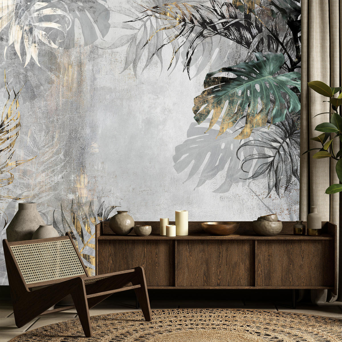 FOTOTAPETE Tropische Blätter auf Beton Vintage 350x256 - Gelb/Beige, Papier (350/256cm) - Muralo