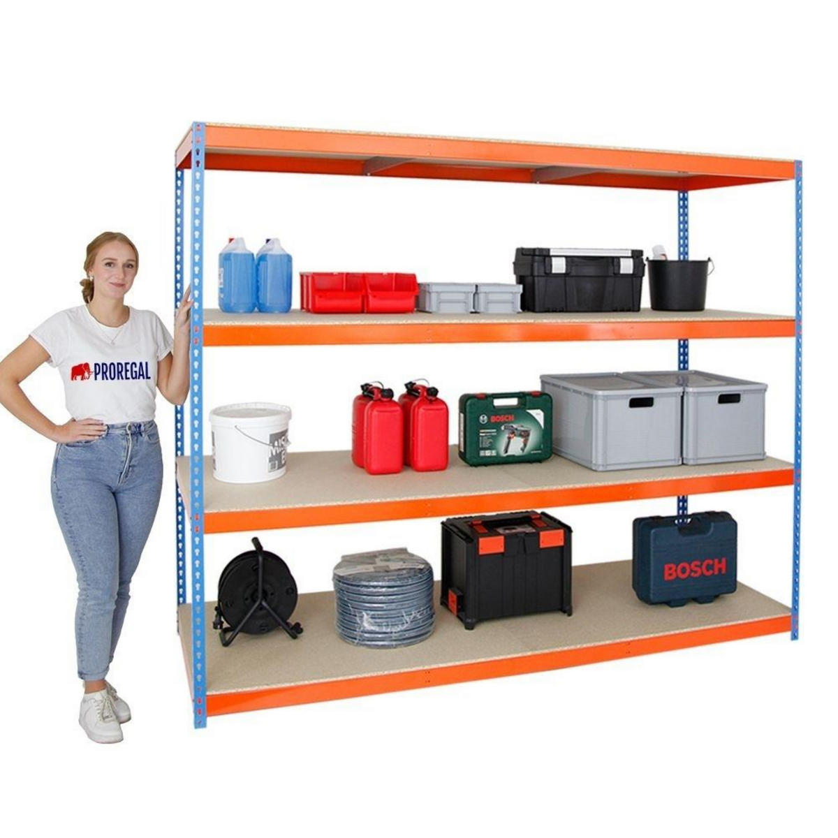 SCHWERLASTREGAL Wood Beast Four HxBxT 200 x 210 x 75 cm 4 Ebenen Fachlast 500 kg Blau-Orange - Gelb, Metall (210/200/75cm) - PROREGAL