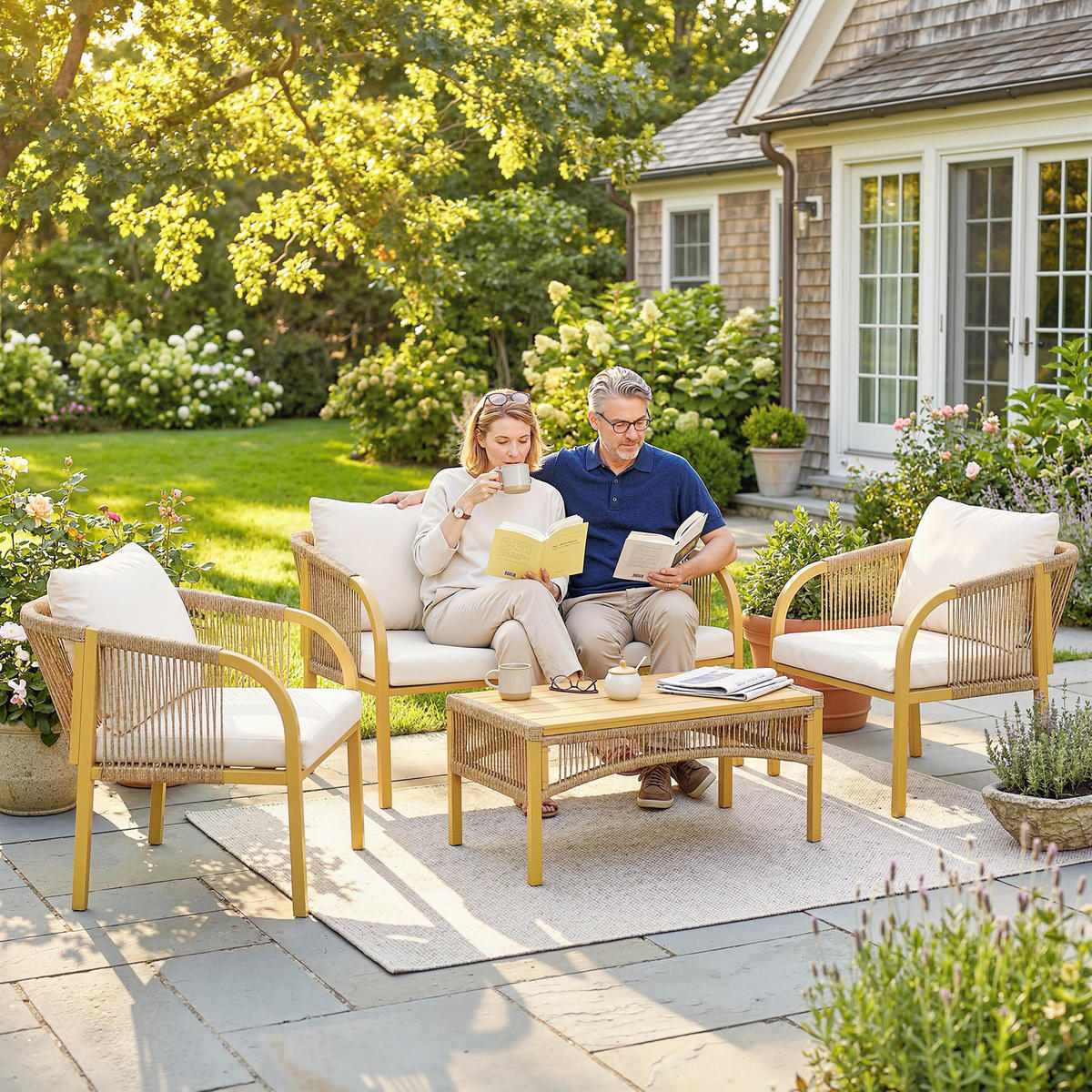 GARTENLOUNGE-SET 4tlg. DE-13719 mit Sofa & 2 Sesseln Kaki - Mokka, Metall - ComfortXL