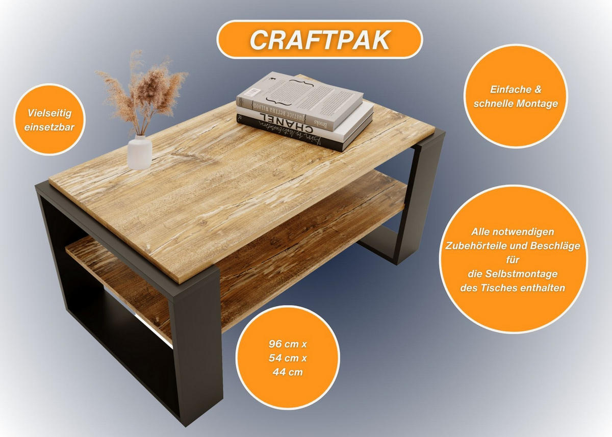 COUCHTISCH Holzwerkstoff rechteckig stabil Kiefer Milford 42/54/96cm - Kiefer Milford/Schwarz, Holzwerkstoff (53.8/96/42cm) - CraftPAK