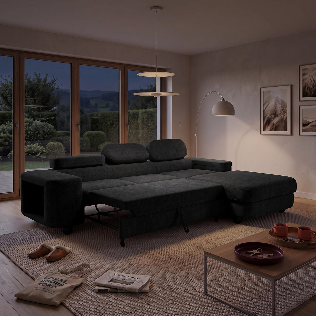 ECKSOFA LOVE L Rechts mit Schlaffunktion 124x210 Chenille Schwarz - Schwarz, Holz/Textil (205/284cm) - Muffo