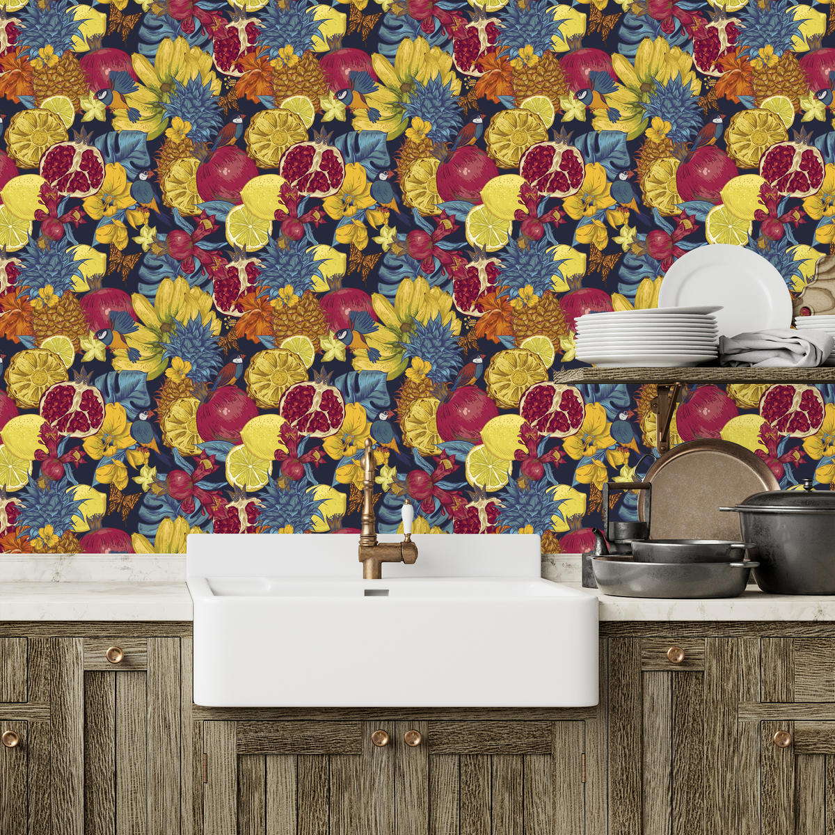 VLIESTAPETE Tropische Früchte, Blüten und Vögel – Bunt, Dunkelblau – 50x1000 cm - Multicolor/Dunkelblau, Papier (50/1000cm) - Muralo