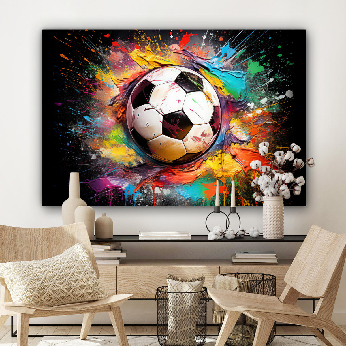 LEINWANDBILD Fußball - Farbe - Farben - Schwarz - Weiß Wohnzimmer Groß 120x80 cm - Weiß, Textil (120/80cm) - MuchoWow