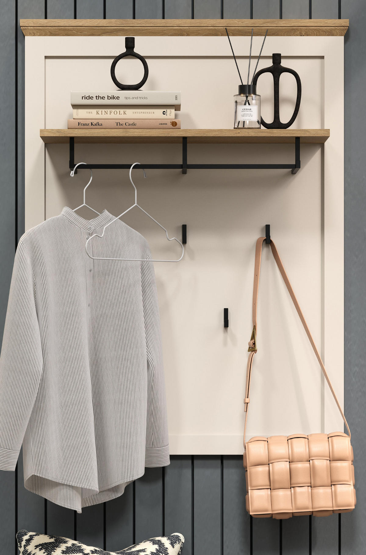 GARDEROBENPANEEL Kaschmir, Stein Eiche Landhaus 76 x 100 cm, Wandgarderobe mit Kleiderstange - Kaschmir/Eichefarben, Holzwerkstoff (76/100/26cm) - Top.Furn