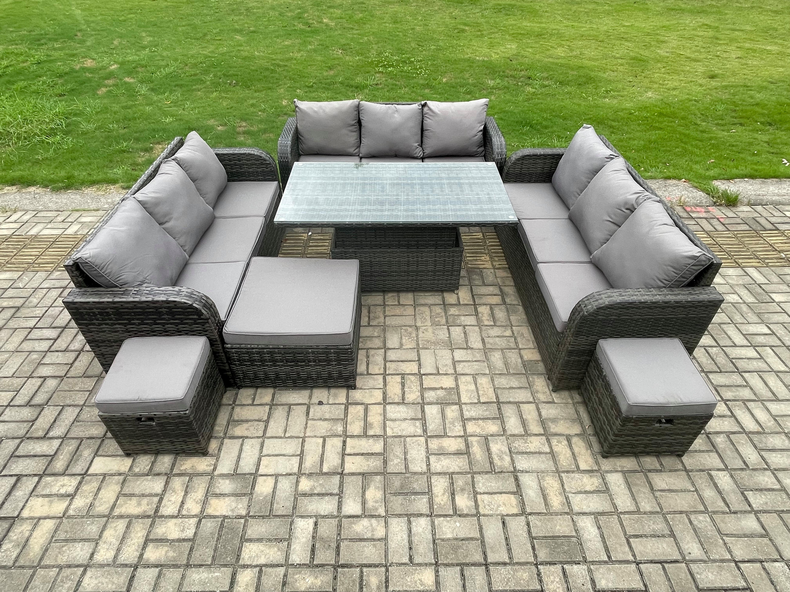 GARTENSOFA SET Polyrattan 12-Sitzer - Dunkelgrau/Grau, Glas/Kunststoff - Fimous