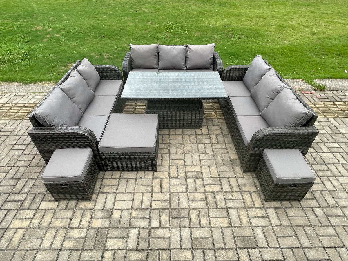 GARTENSOFA SET Polyrattan 12-Sitzer - Dunkelgrau/Grau, Glas/Kunststoff - Fimous