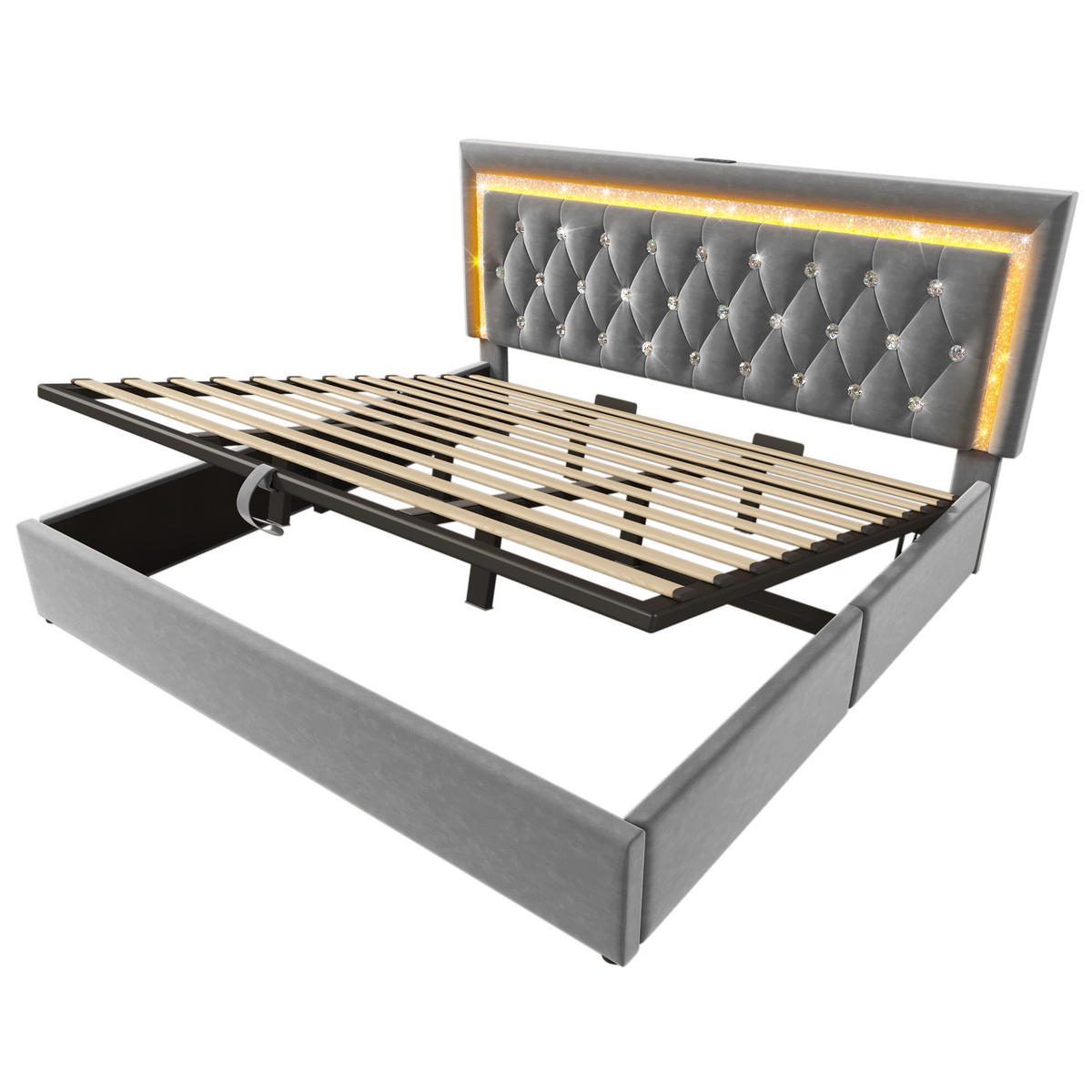 POLSTERBETT 180/200 cm Grau mit LED-Diamantstreifen USB- und Type-C-Anschlüssen, hydraulischem Stauraum - Grau, Textil (180/200cm) - OKWISH