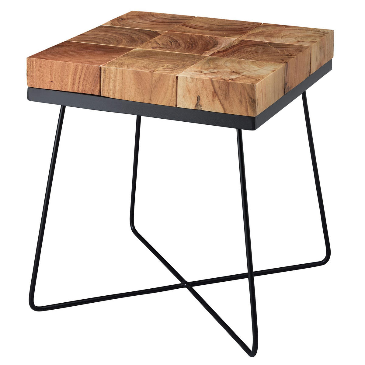 BEISTELLTISCH – Quadratisch Akazie Massivholz Metallgestell Industrial - Beige/Schwarz, Holz/Metall (45/45/51cm) - KADIMA DESIGN