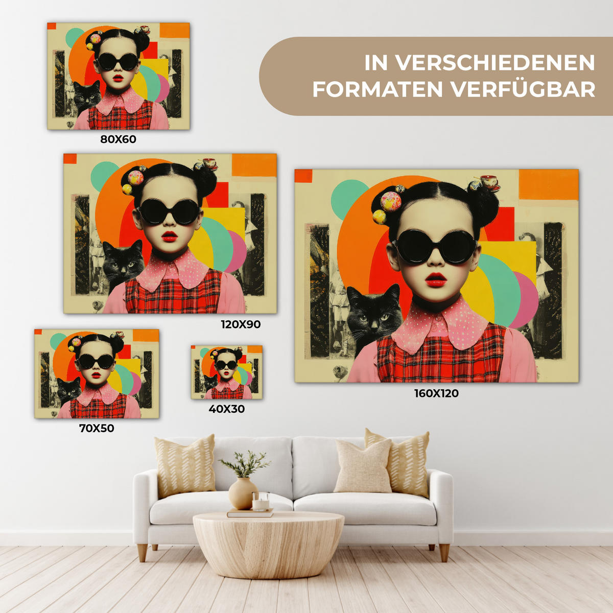 LEINWANDBILD Mädchen - Sonnenbrille - Katze - Retro Wandbild 40x30 cm - Beige, Textil (40/30cm) - MuchoWow