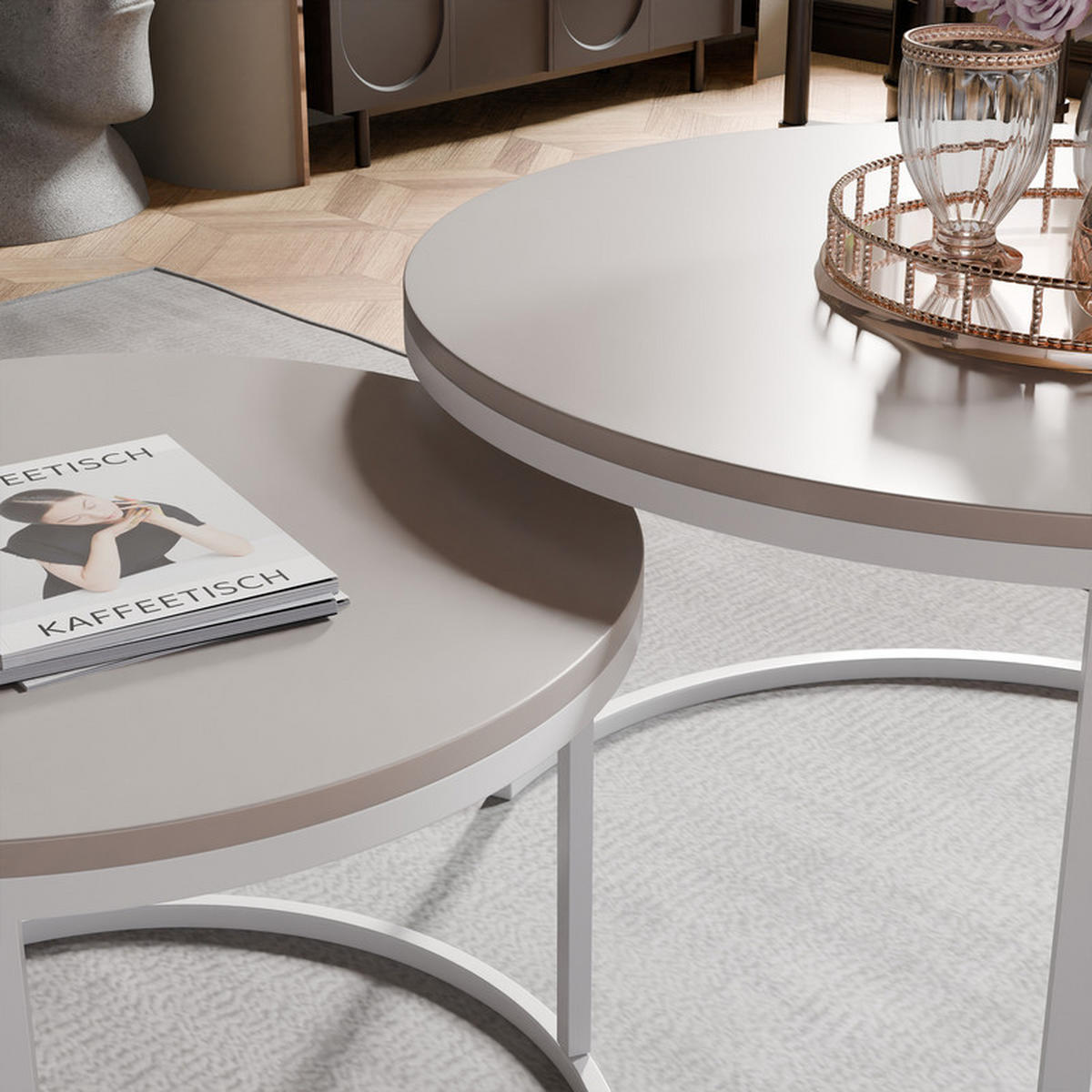 LAVO Couchtisch rund 2-in-1, Kaschmir - Kaschmir/Weiß, Metall (70/70/48cm) - Idohome