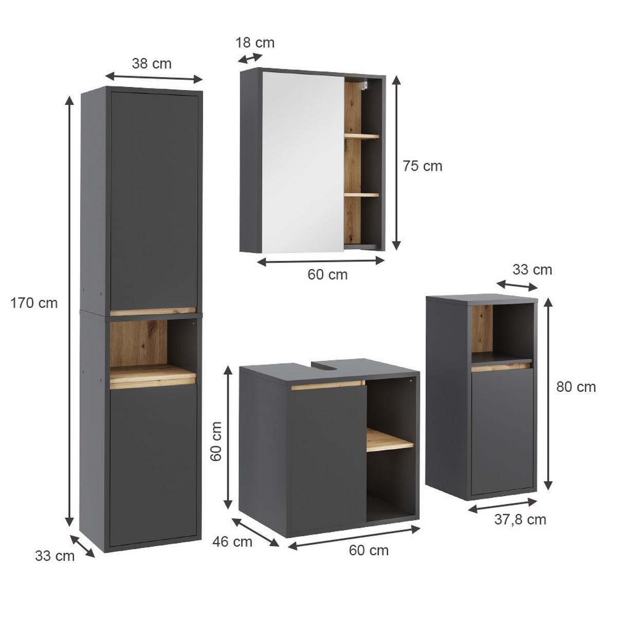 SADA KOUPELNOVÉHO NÁBYTKU Viola Grey/Artisan - šedá/dub artisan, kompozitní dřevo (60/60/45.5cm) - Vicco