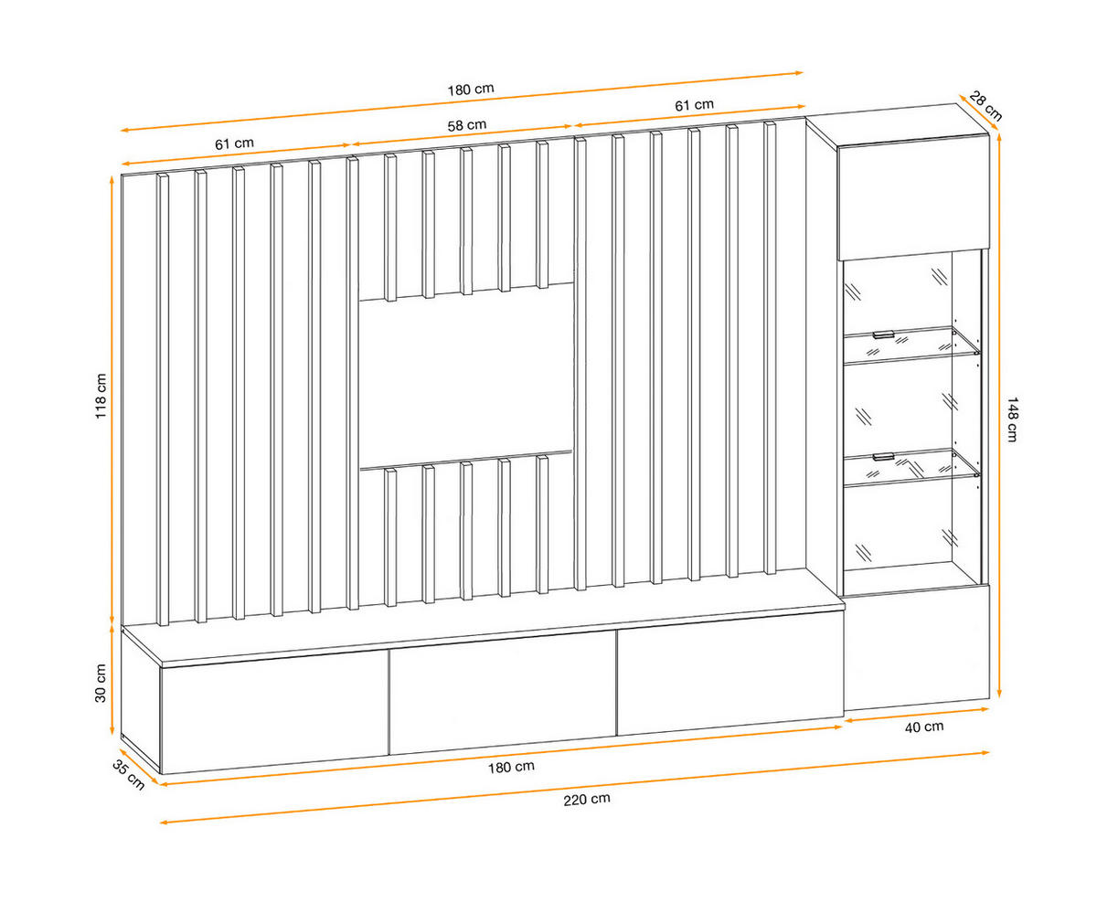 WOHNWAND schwarz, Eiche Jackson 220 cm, Schrankwand mit LED Beleuchtung - Eichefarben/Schwarz, Glas/Holzwerkstoff (220/148/35cm) - Furn.Design