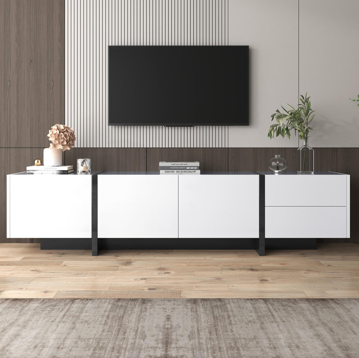 TV-SCHRANK aus Spanplatte 190x35x45 cm Weiß und Schwarz mit 3 Türen, 2 Schubladen und hochglänzender Oberfläche - Weiß, Holzwerkstoff (190/35/45cm) - Modfu