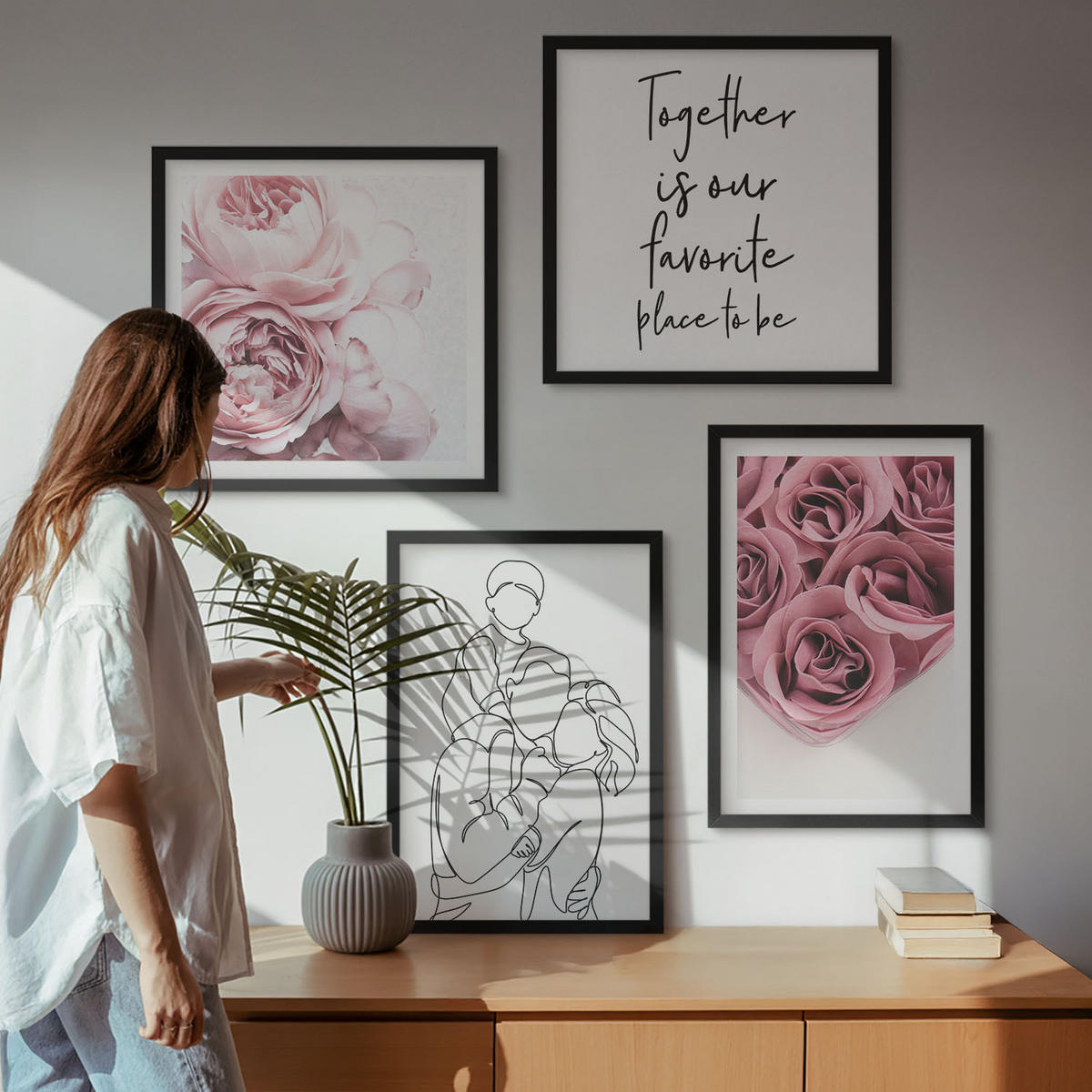 BILDER SET 4er Set - 50x50 cm & 40x60 cm Schwarzer Rahmen - Rosensträuße als Familienzeichnung - Schwarz, Kunststoff (50/50cm) - TULUP