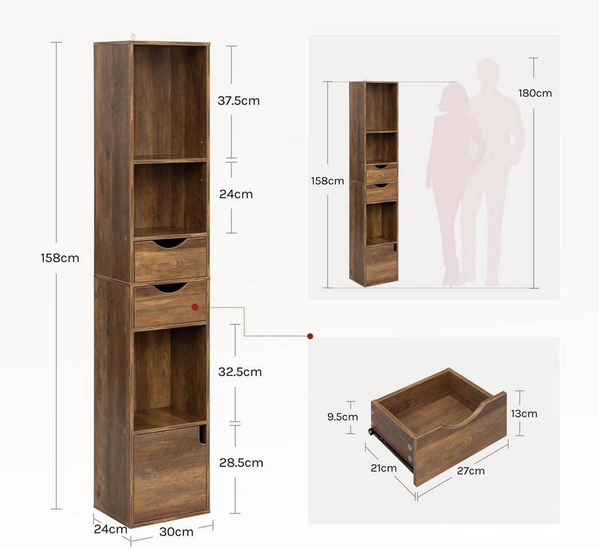 BÜCHERREGAL 30x158x24 cm, Braune Holzoptik - Teakfarben, Holzwerkstoff (30/158/24cm) - Woltu