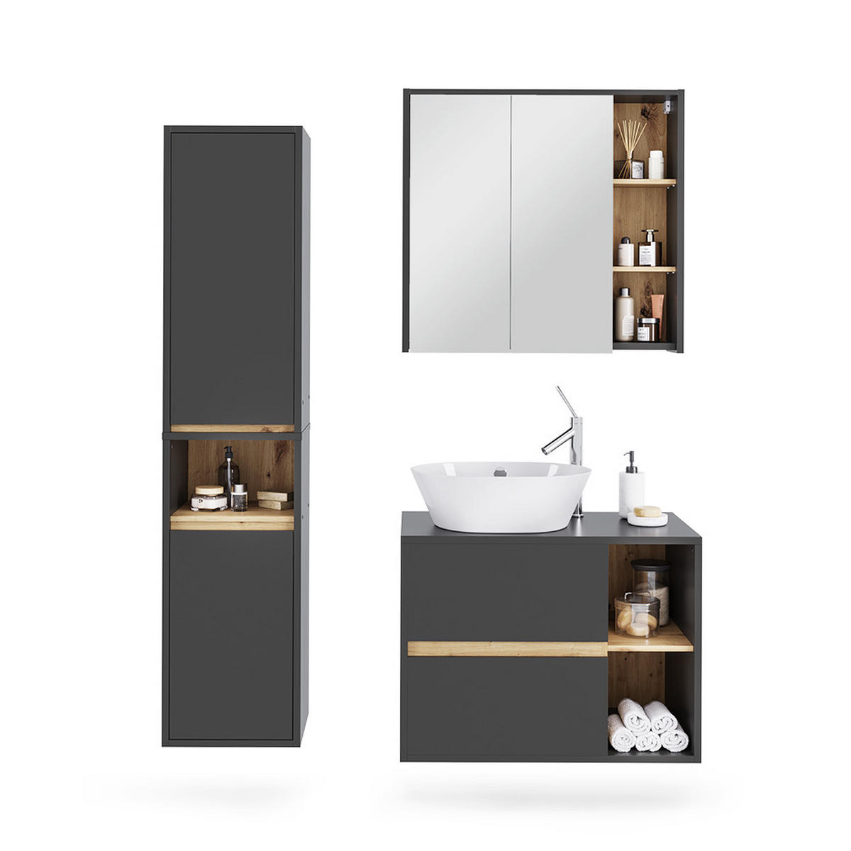 SADA KOUPELNOVÉHO NÁBYTKU Viola Grey/Artisan - šedá/dub artisan, kompozitní dřevo (80/60/46cm) - Vicco