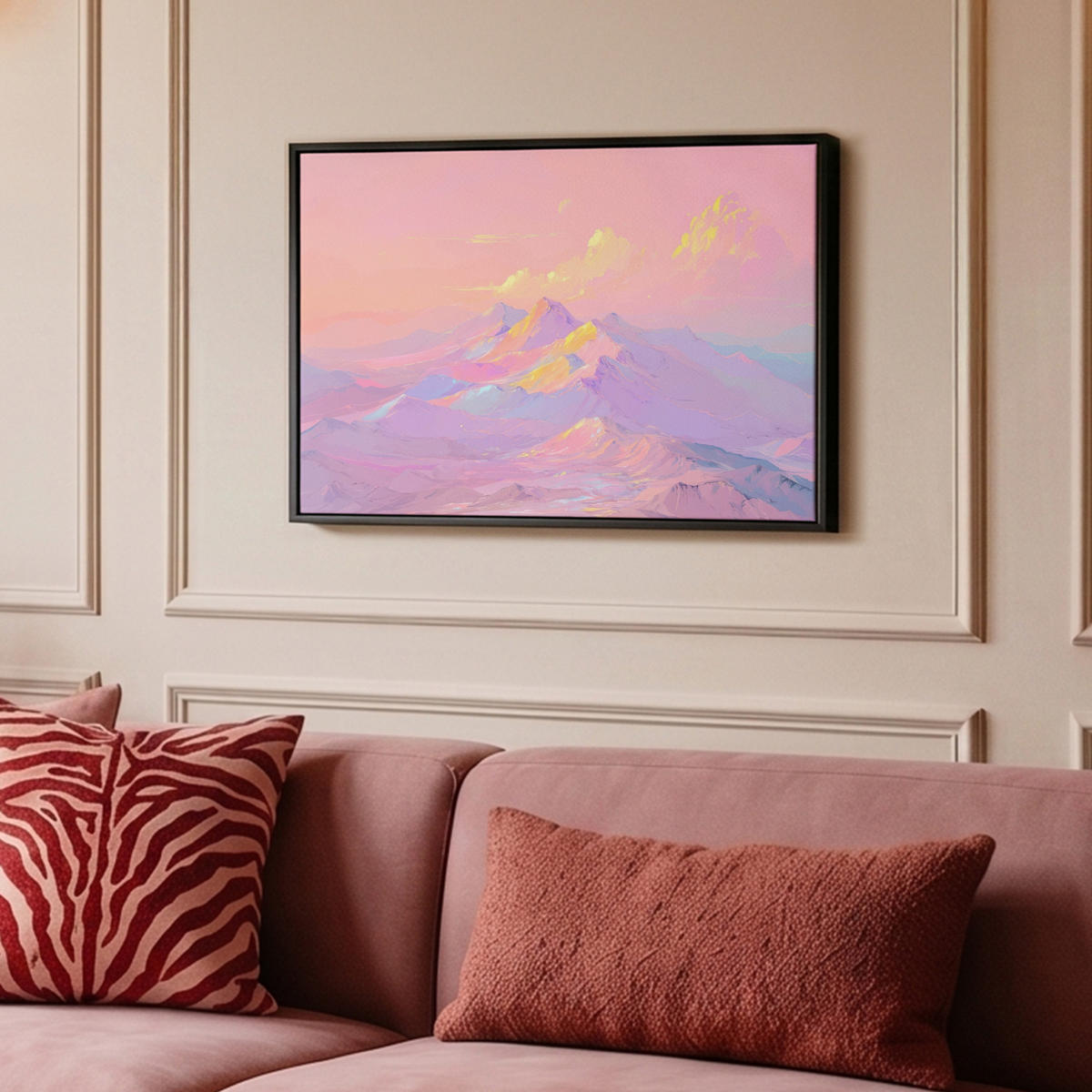 LEINWAND Bilder mit Rahmen - Berggipfel - Wolken - Verträumt - 60x40 - Hellrosa, Textil (60/40cm) - MuchoWow