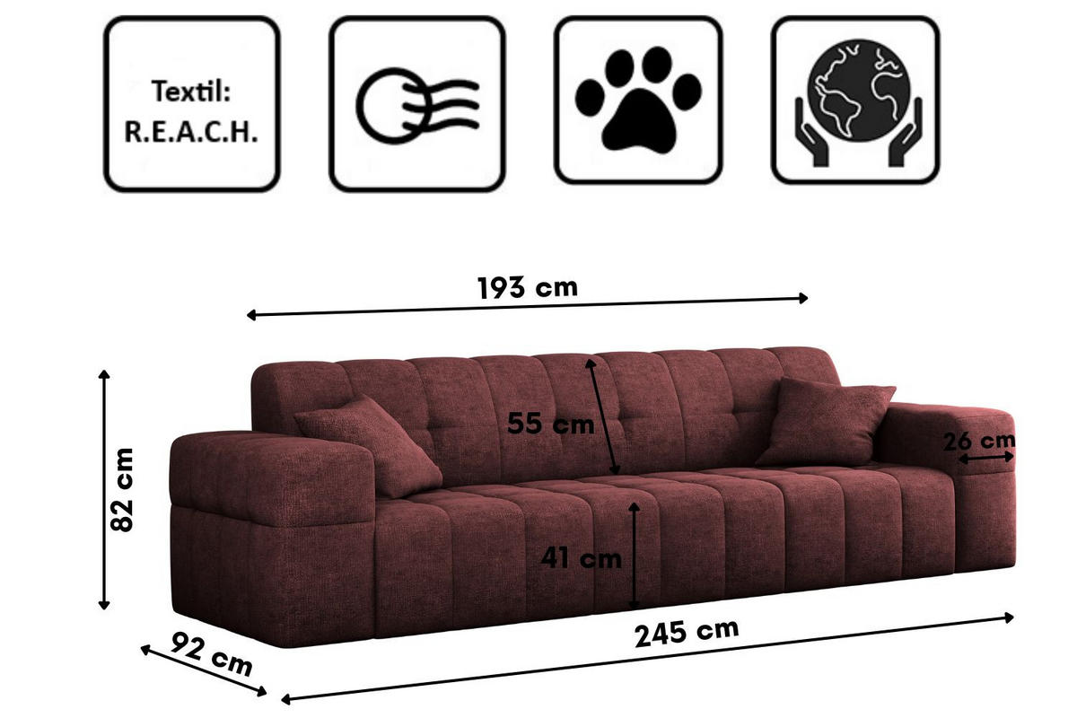 SOFA 3 Sitzer NIMES Stoff Perfect Harmony Rotwein - Rot, Holz (245/82/92cm) - Kaiser Möbel