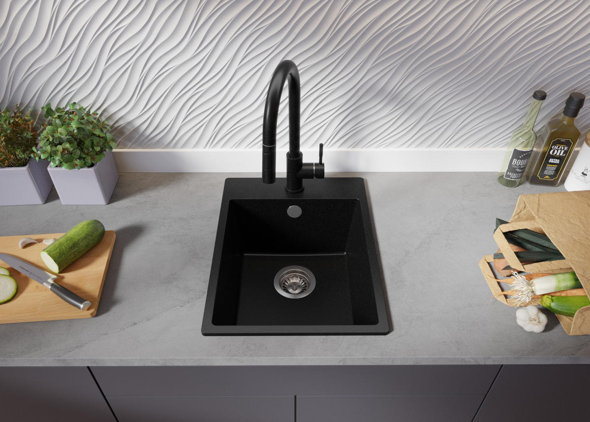 GRANITSPÜLE Riga, 2-er set Schwarz 38/50 cm 1 Becken + Küchenarmatur 40/38 cm + Ablauf-Set ab 40er Unterschrank - Chromfarben/Schwarz, Kunststoff (38/20/50cm) - Primagran