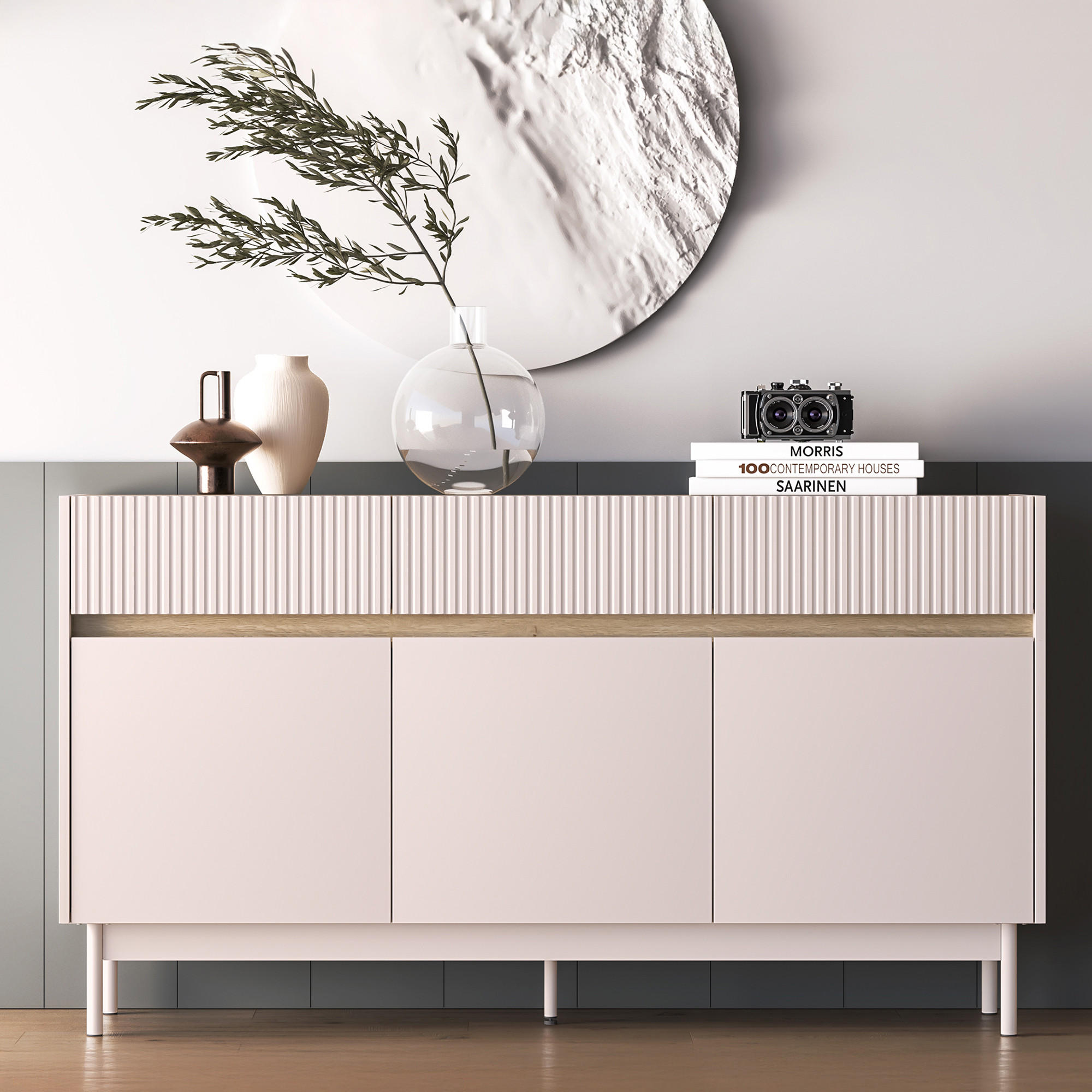 KOMMODE NALIA, Creme/Eiche - Eichefarben/Creme, Holzwerkstoff/Metall (154/85/40cm) - KONSIMO®