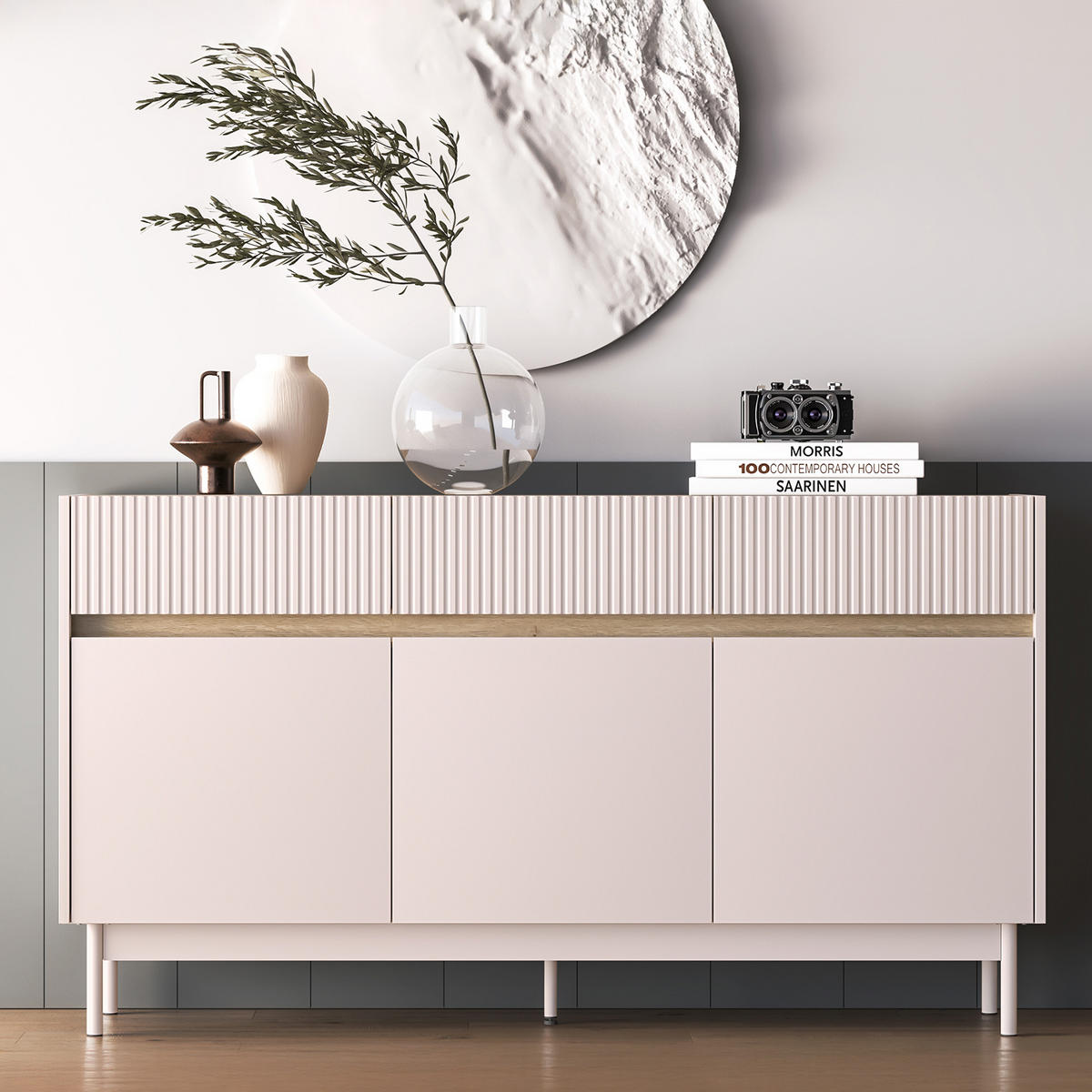 KOMMODE NALIA, Creme/Eiche - Eichefarben/Creme, Holzwerkstoff/Metall (154/85/40cm) - KONSIMO®