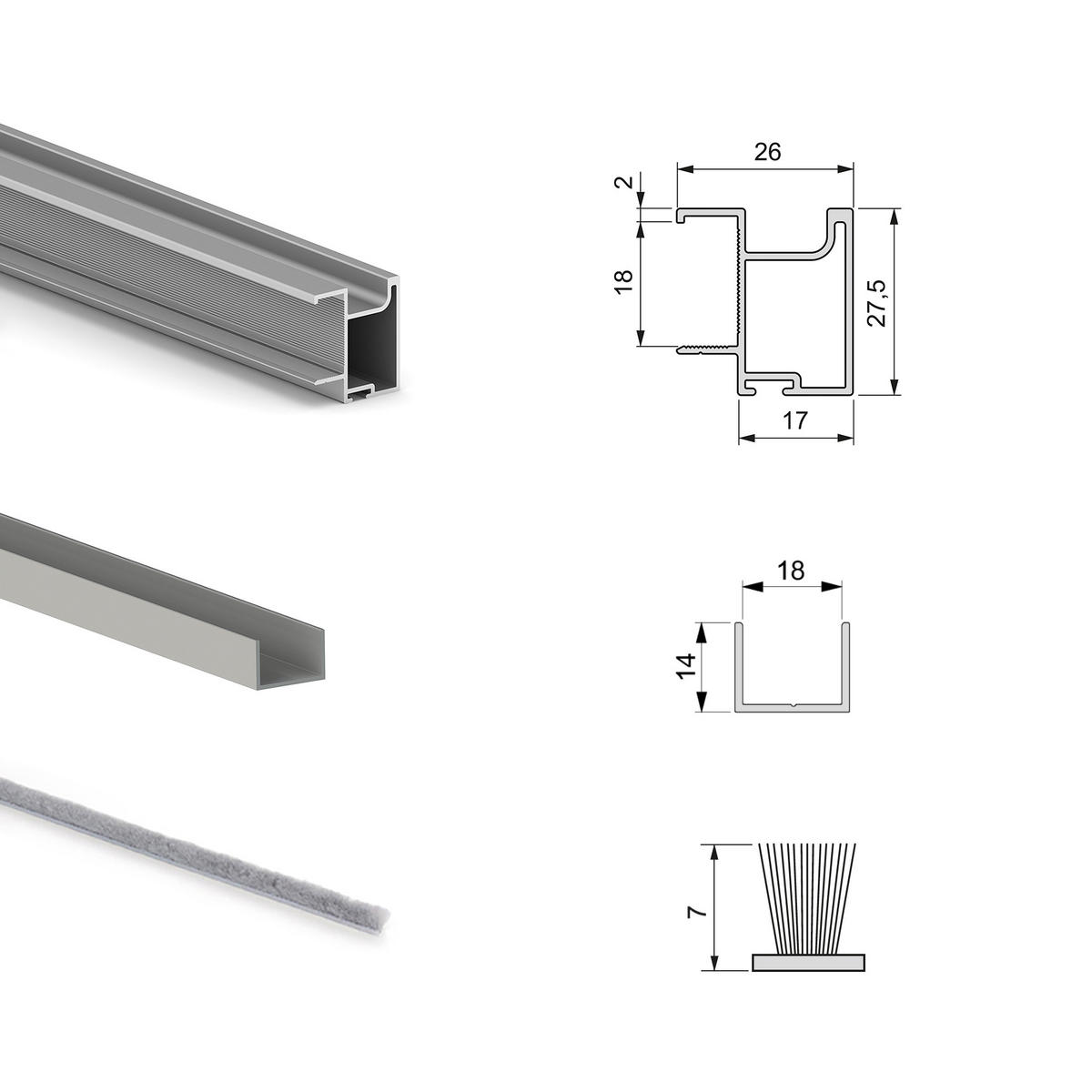 HARDWARE SET für Placard 74 2-Schiebe-Kleiderschrank mit sanftem Schliessen, Griff-Modell Sharp, Stärke 18mm, ohne Paneele, Matt eloxiert - Dunkelgrau, Metall (3.4/7.4/235cm) - EMUCA