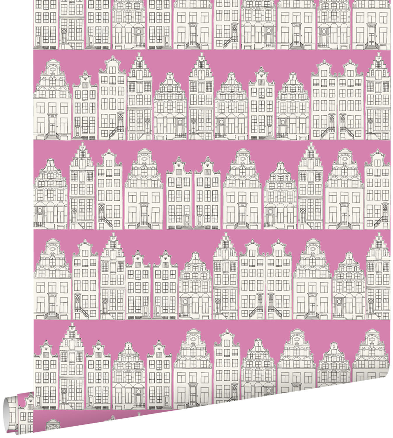 TAPETE Amsterdamer Grachtenhäuser 53 cm x 10.05 m - Pink, Papier (53/0.1cm) - ESTAhome