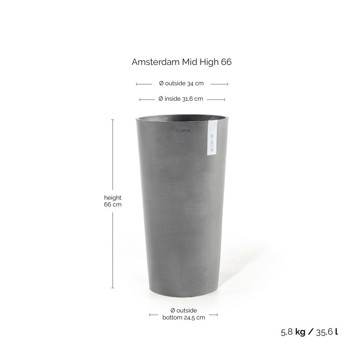 BLUMENTOPF Amsterdam Mid High 34/66 cm Grau - Grau, Kunststoff (34/66cm) - Ecopots