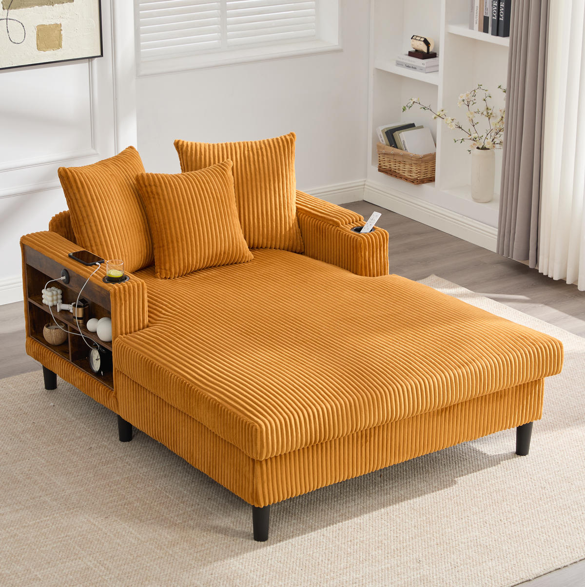 CHAISELONGUE mit USB und Stauraum 129 x 170 cm Cord Mustard Yellow - Gelb, Holz (170/70/129cm) - Meubliv