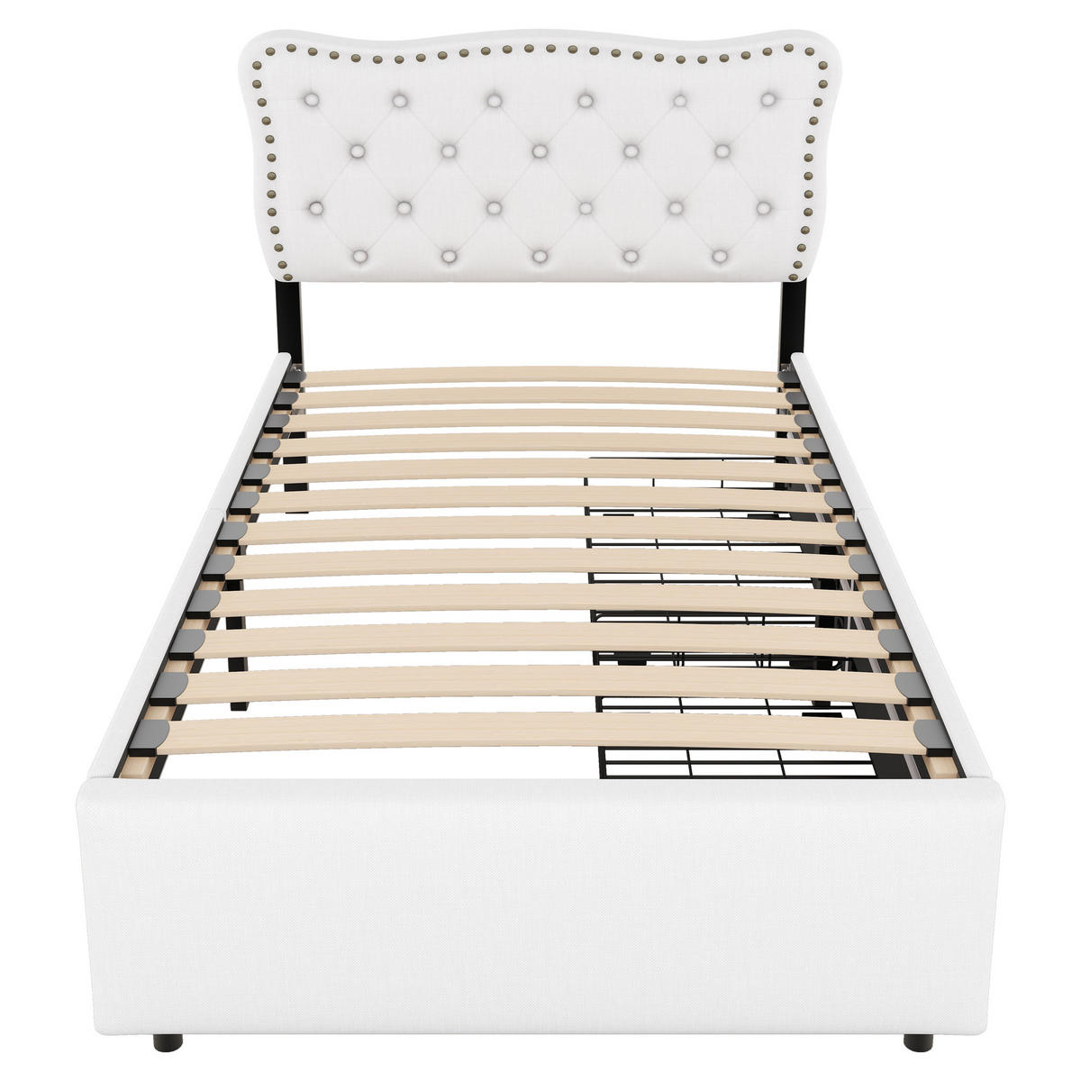 POLSTERBETT 90/200 cm hellbeige mit zwei Schubladen und verstellbarem Nachttisch - Beige, Textil (90/200cm) - OKWISH