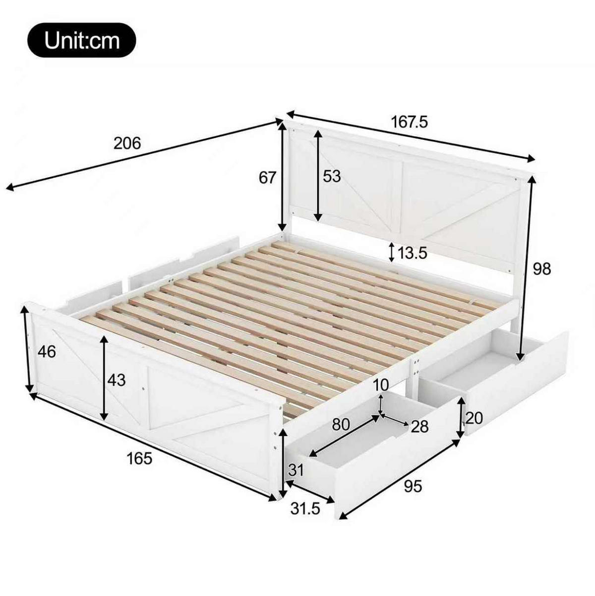RAHMENBETT 160/200 cm aus Kiefer mit 4 Schubladen und Holz-Kopfteil - Weiß, Holz - BEAOK