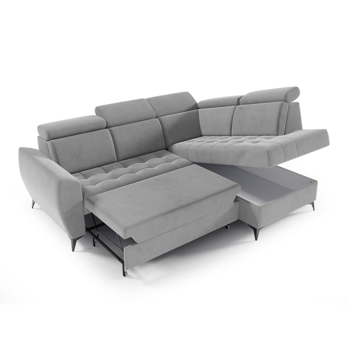 ECKSCHLAFSOFA Aurora II mit verstellbare Kopfstützen, Hellgrau, rechts - Hellgrau/Schwarz, Textil (266/204cm) - Beautysofa
