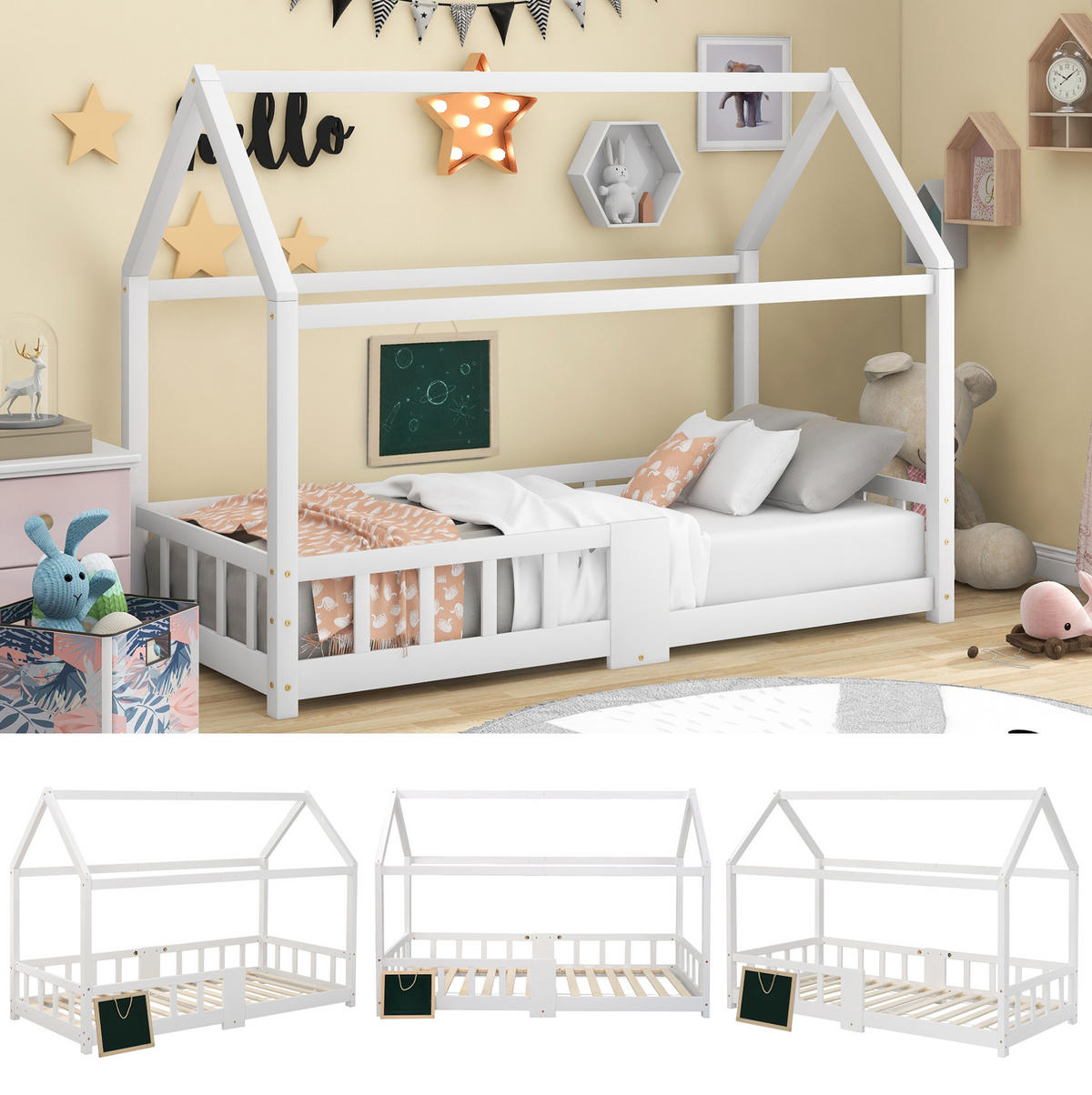 KINDEREINZELBETTEN aus Massivholz 90x200 cm in Weiß mit Tafel & Rausfallschutz - Weiß, Holz (90/200cm) - Modfu