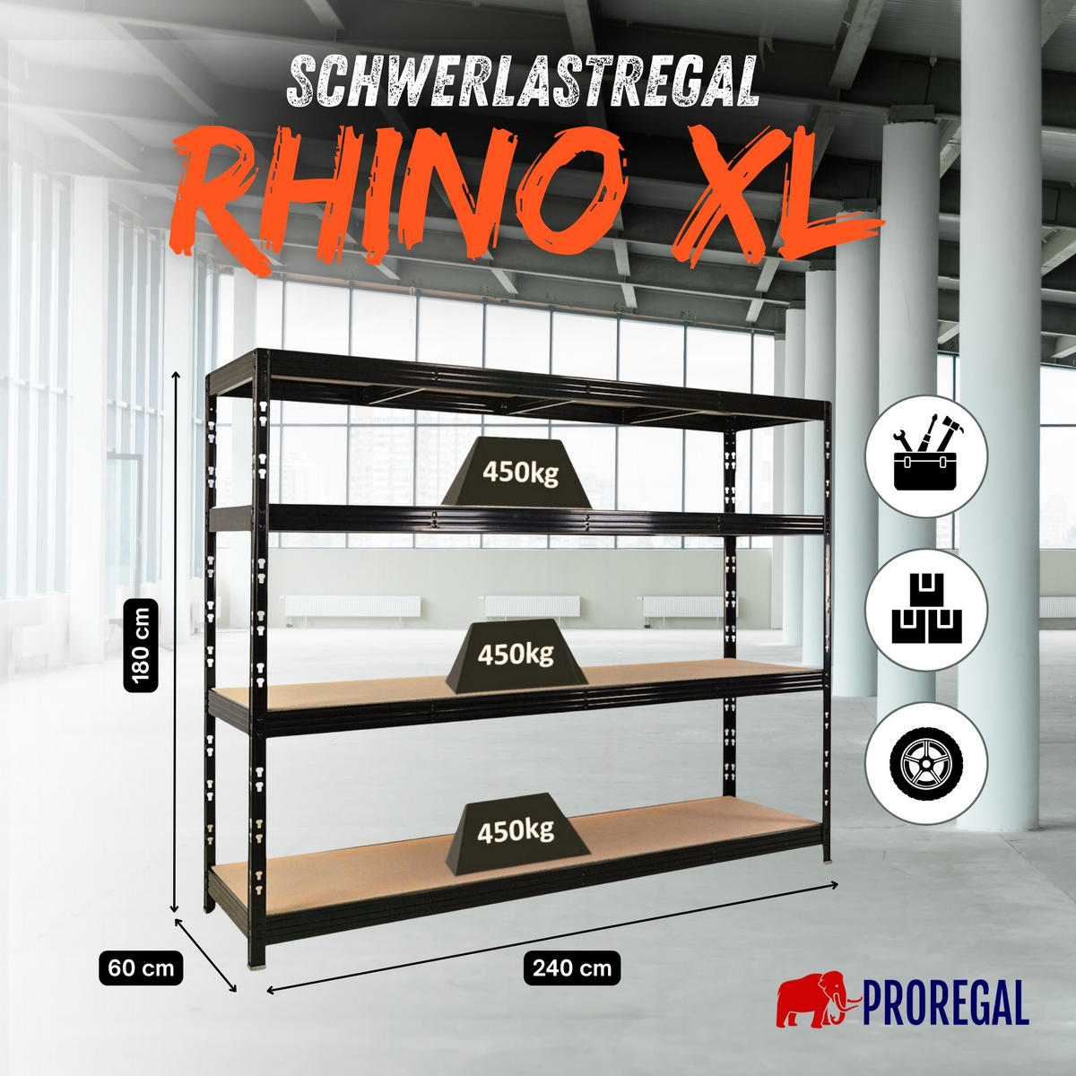 SCHWERLASTREGAL Rhino 180x240x60cm, 4 Spanplatten-Ebenen 8mm, Fachlast 450kg, Schwarz - Schwarz, Metall (240/180/60cm) - PROREGAL