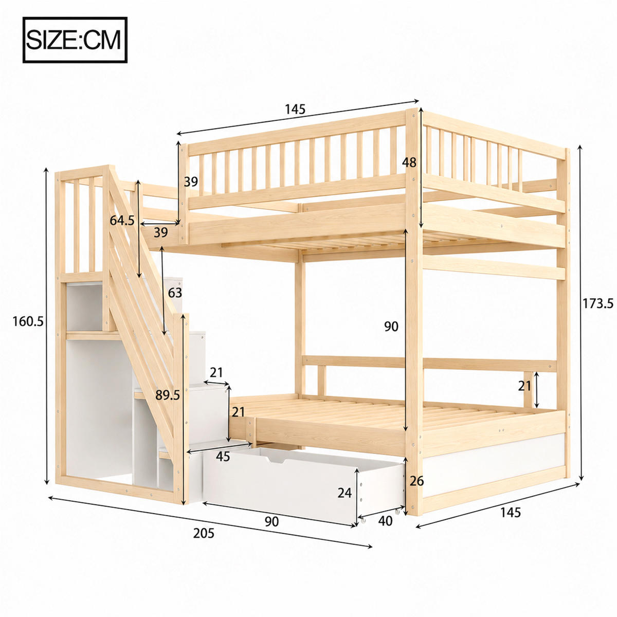 ETAGENBETT mit Stauraum 140x200 cm Massivholz Wood - Birnbaumfarben, Holz (140/200cm) - Meubliv