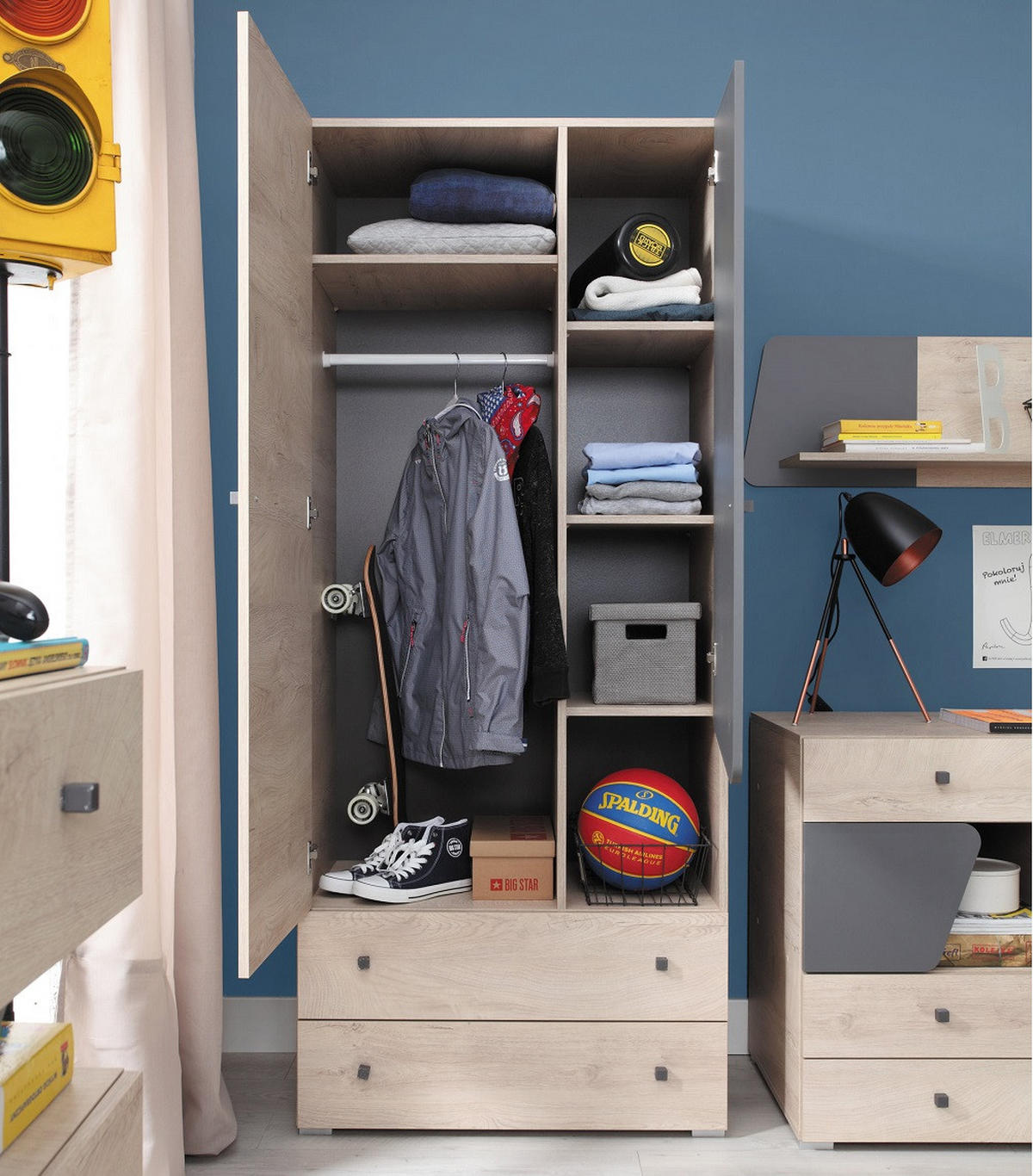 JUGENDZIMMER Davis Set A 5-teilig - Eiche / Anthrazit - Eichefarben/Anthrazit, Holzwerkstoff (80/190/50cm) - QMM TraumMöbel