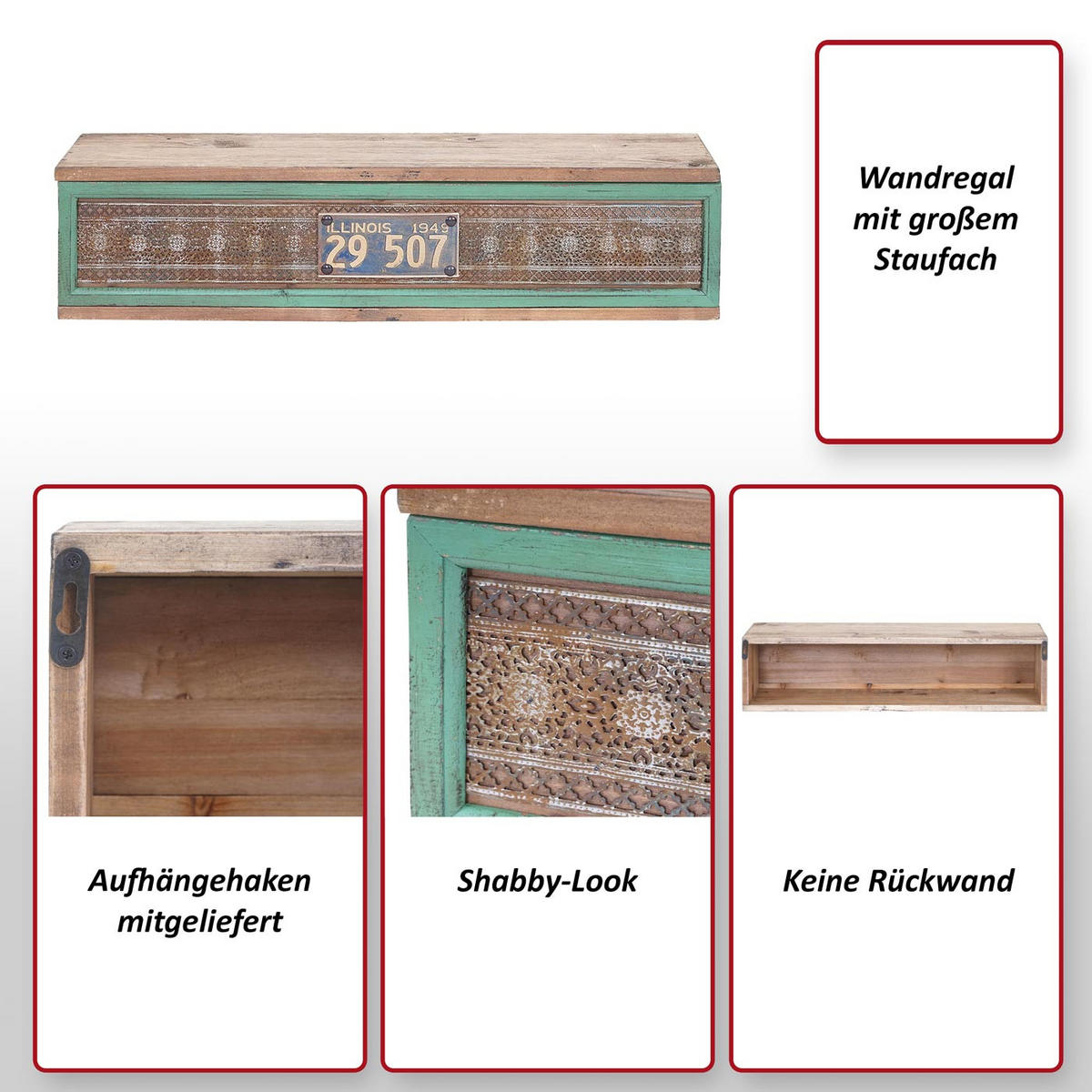 WANDREGAL 65x16x13cm Tanne Holz massiv Vintage Patchwork - Naturfarben, Metall (16/65/13cm) - BERLINLODGE