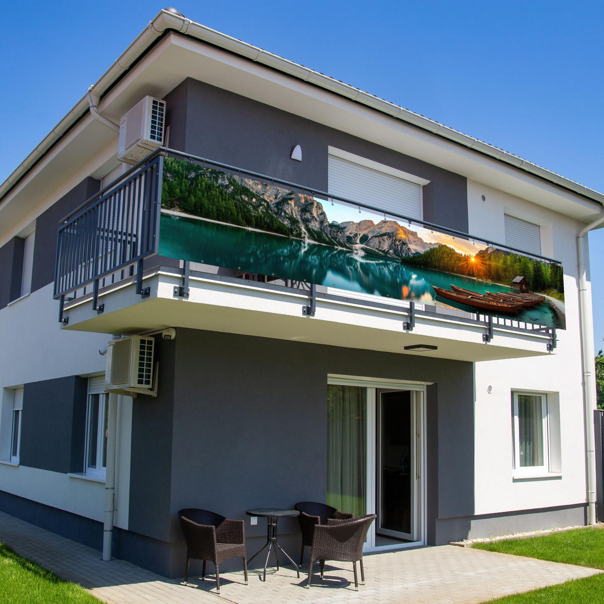 BALKON-SICHTSCHUTZ See - Berge - Sonnenuntergang - Boot - Petrol, Kunststoff (500/100cm) - MuchoWow
