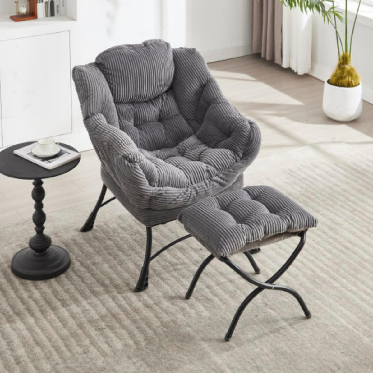 LOUNGESESSEL Relaxsessel mit Hocker,dicke Polsterung,Grau - Grau, Metall (70/95/64cm) - LVHOM