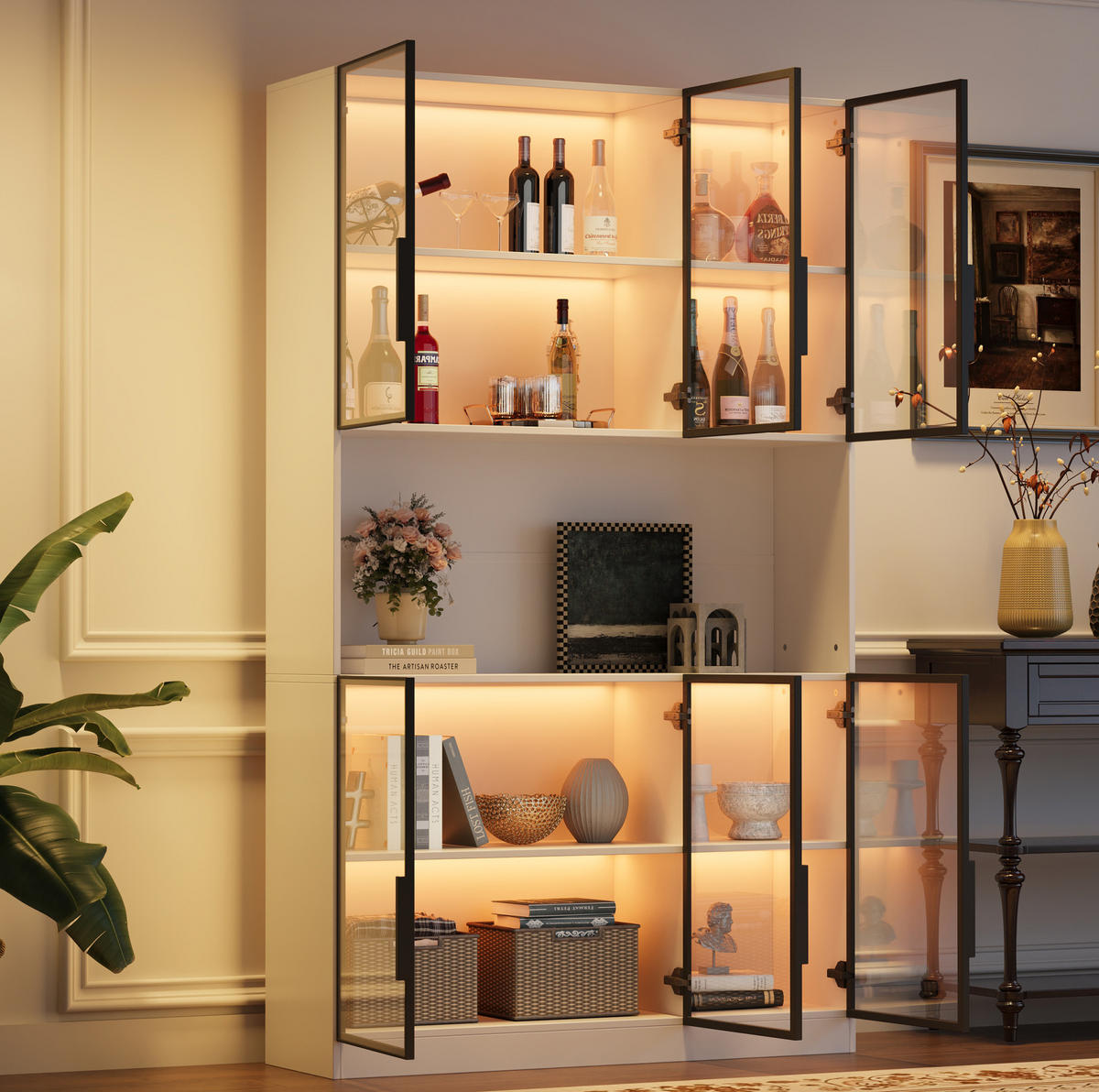 VITRINE 120/34/200 cm aus MDF und Glas mit LED-Beleuchtung und Sanftschluss Weiß - Weiß, Holzwerkstoff (120/200/34cm) - Modenvie