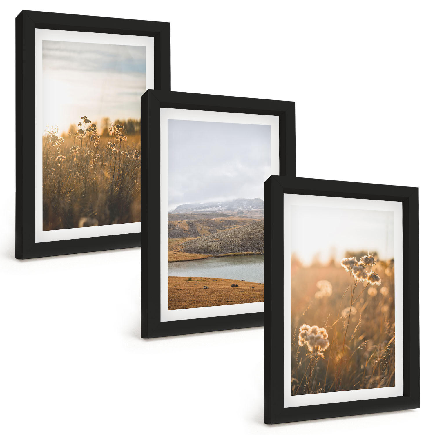 BILDER SET 3er Set - 20x30 cm Schwarzer Rahmen - Landschaften Wiesen Berge See - Schwarz, Kunststoff (20/30cm) - TULUP